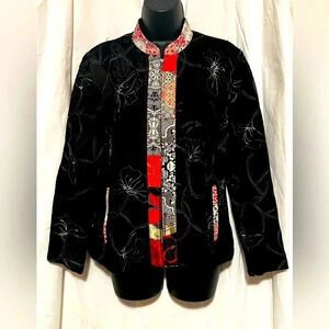 Chico's Vintage Womens Silk Blend Jacket SZ 1 Asian Zip Up Floral Embroidered